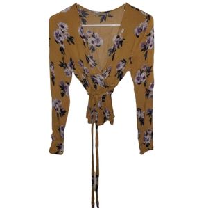 Floral Mustard Long Sleeve Blouse with a Tie Front